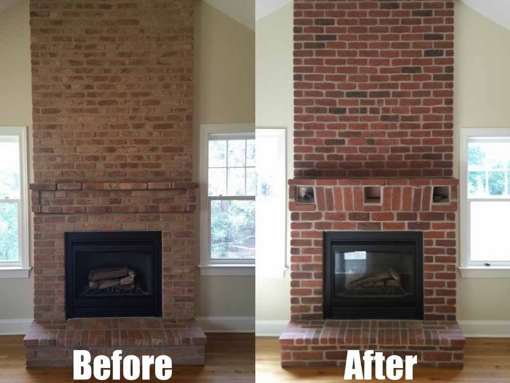 Before and after of a restored fireplace and chimney repair
